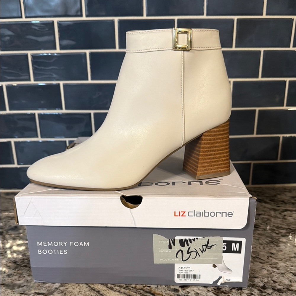 Liz Claiborne Off-White Ankle Booties with Wooden Heel